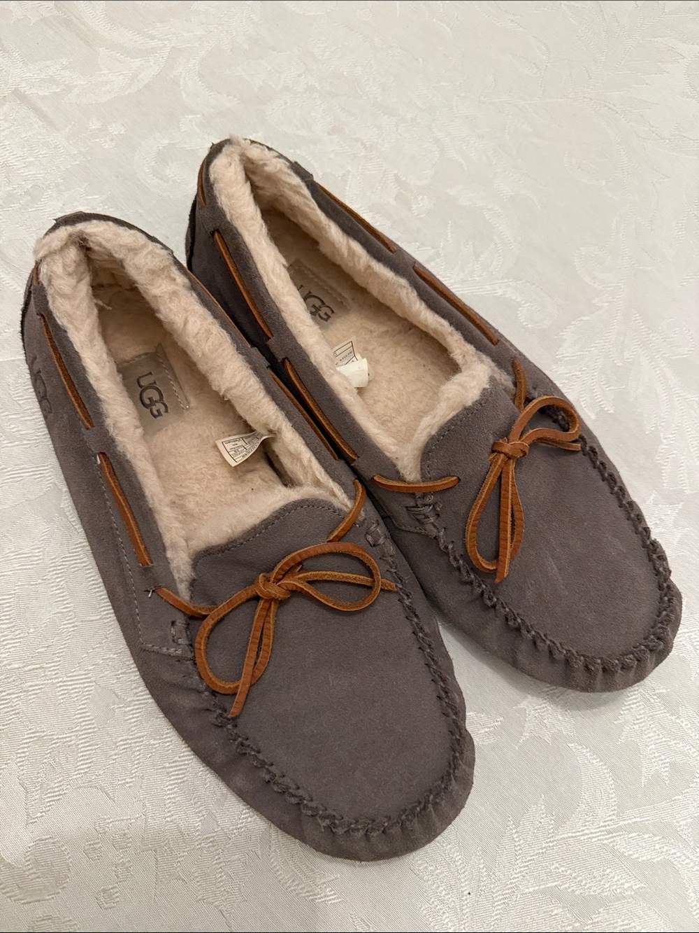UGG Women's Gray Suede Moccasin Slippers with Brown Lace